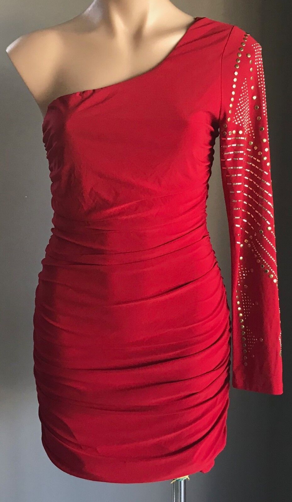 LIPSTICK Bodycon Dress Red Stretch One Shoulder Long Sleeve Ruche Size L 12