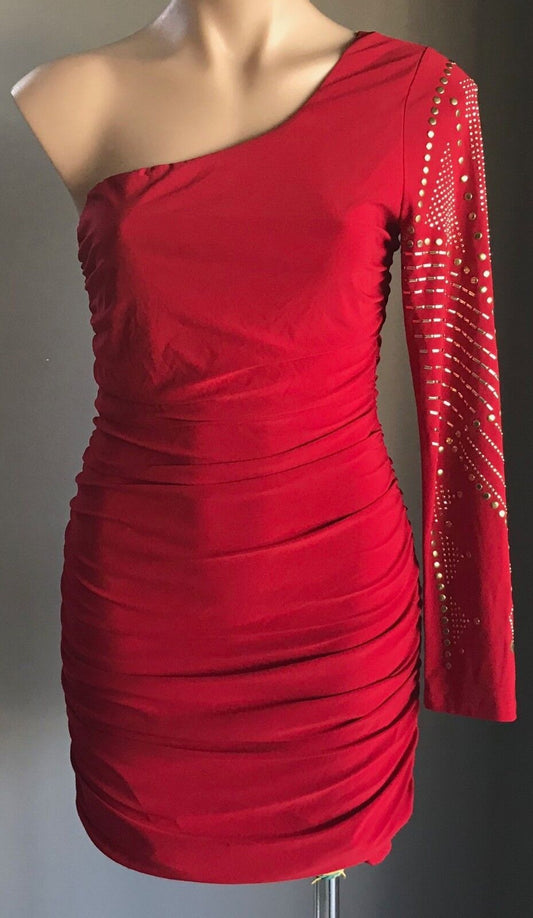 LIPSTICK Bodycon Dress Red Stretch One Shoulder Long Sleeve Ruche Size L 12