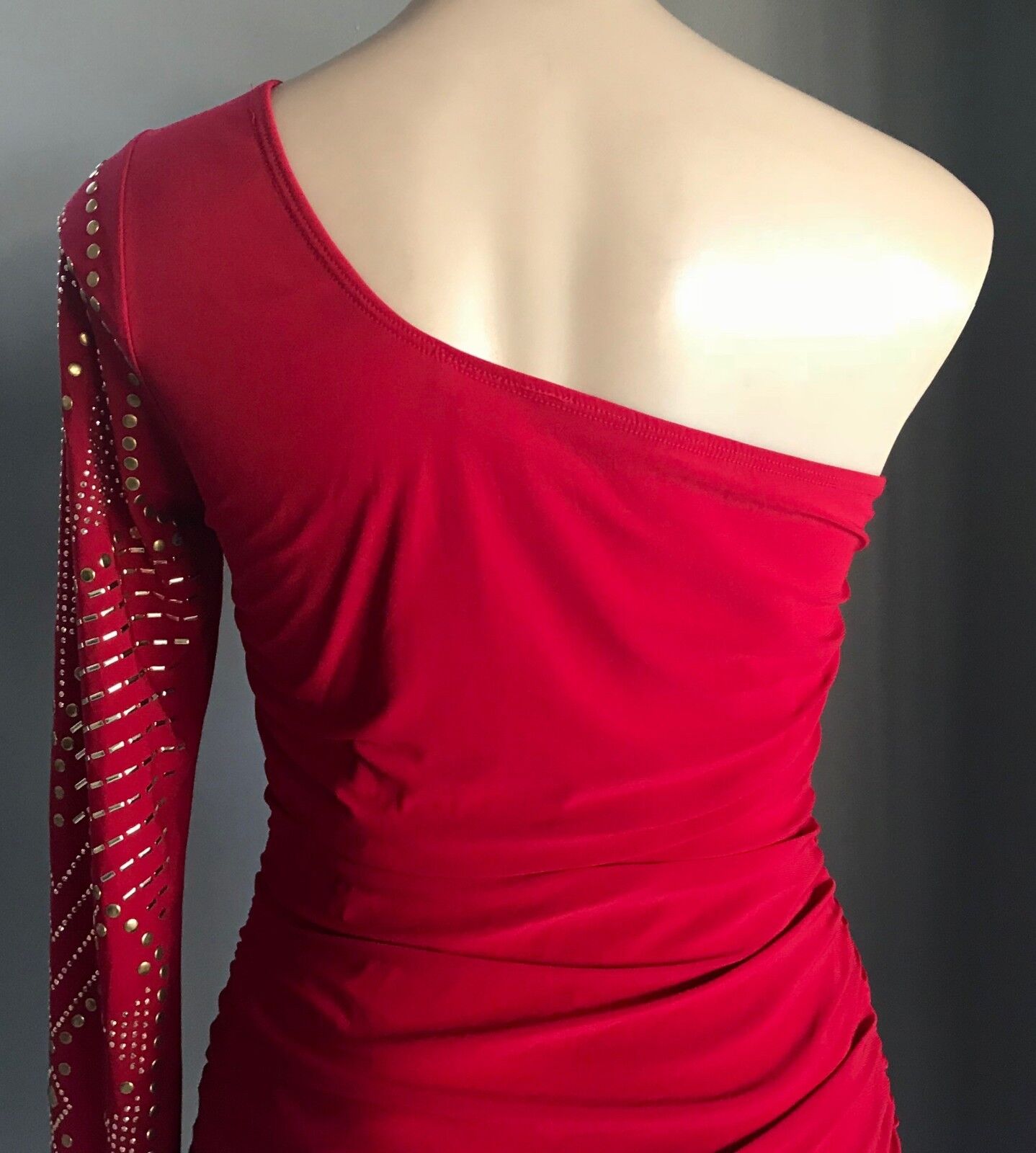 LIPSTICK Bodycon Dress Red Stretch One Shoulder Long Sleeve Ruche Size L 12