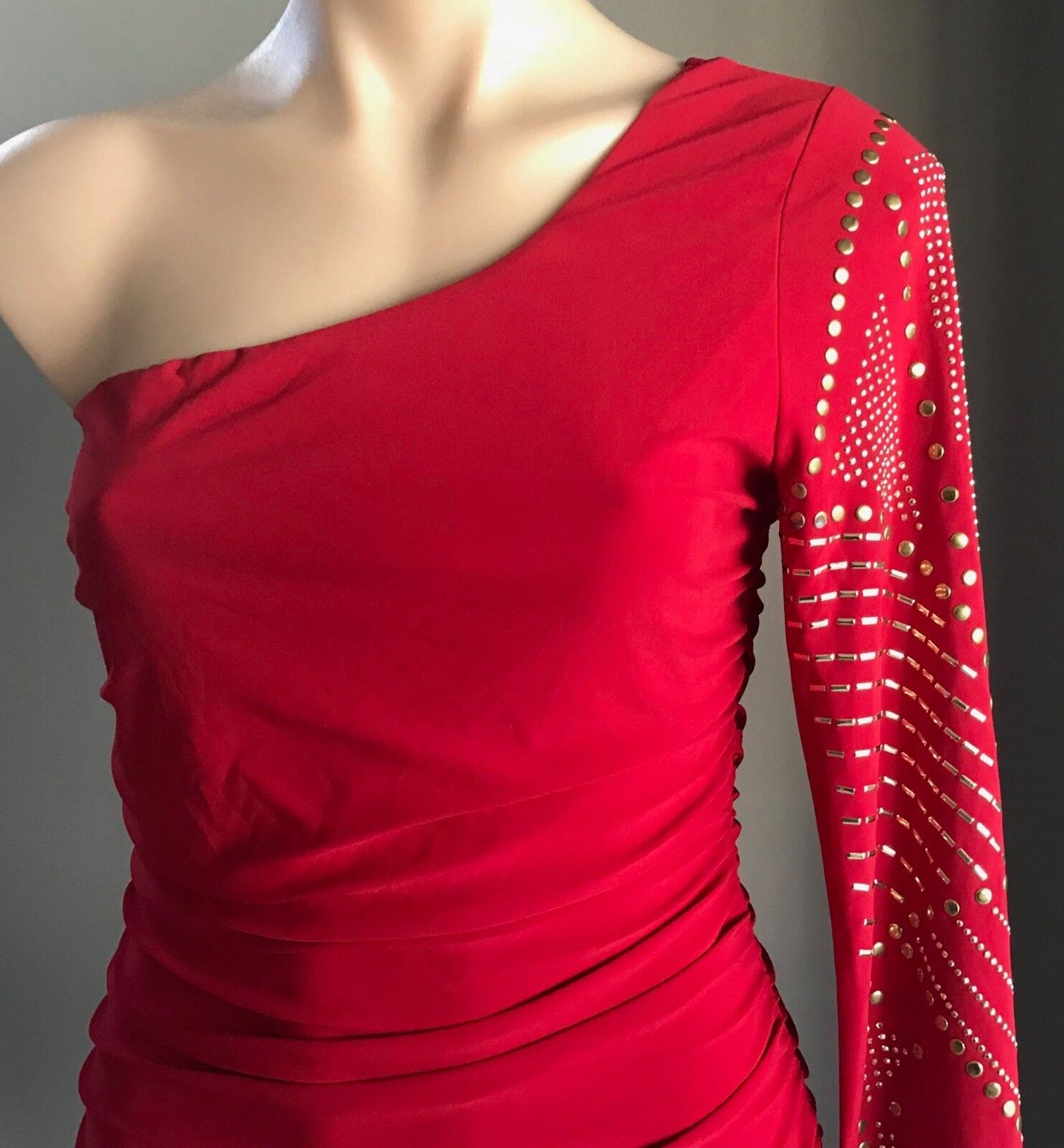 LIPSTICK Bodycon Dress Red Stretch One Shoulder Long Sleeve Ruche Size L 12
