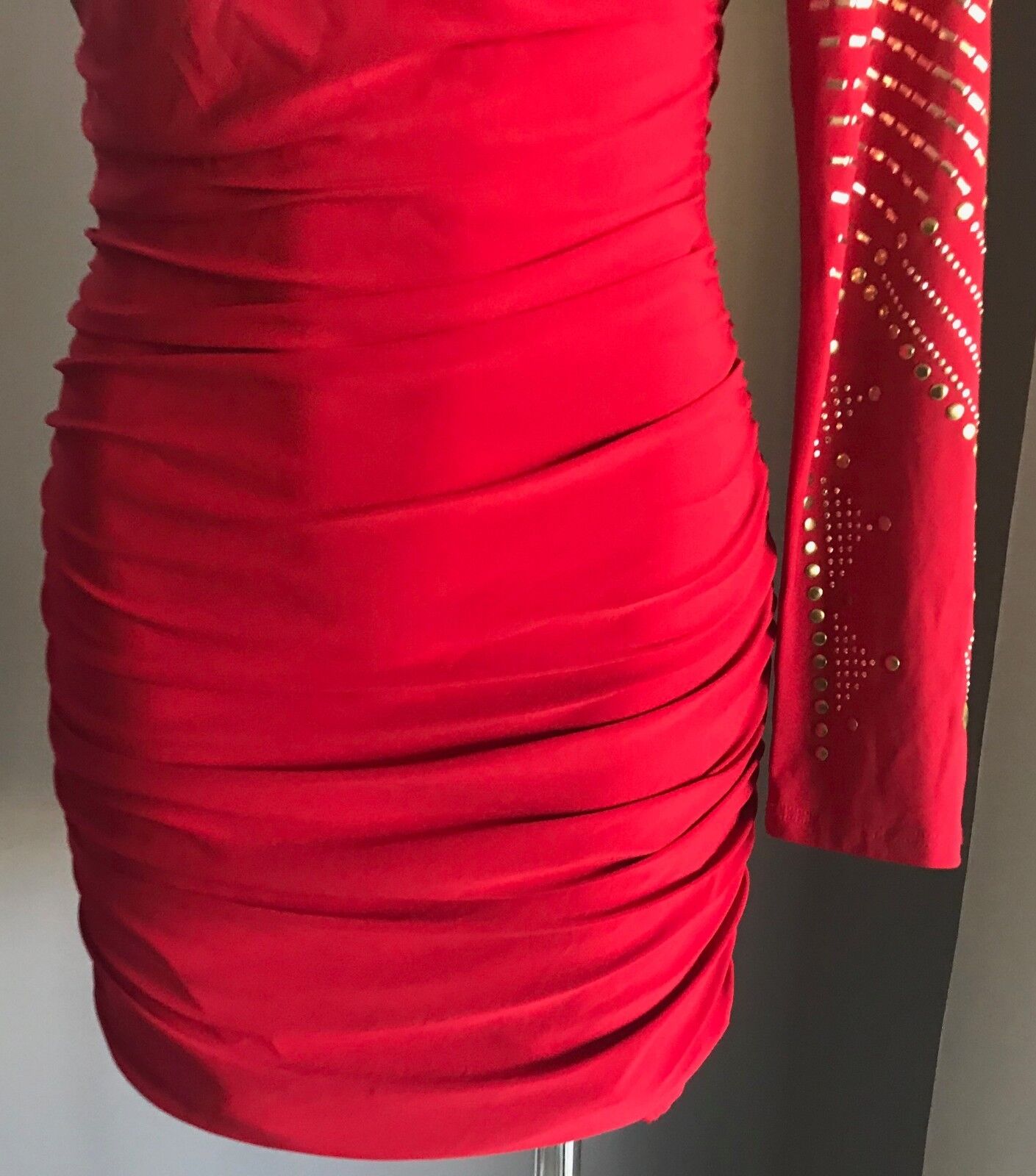 LIPSTICK Bodycon Dress Red Stretch One Shoulder Long Sleeve Ruche Size L 12