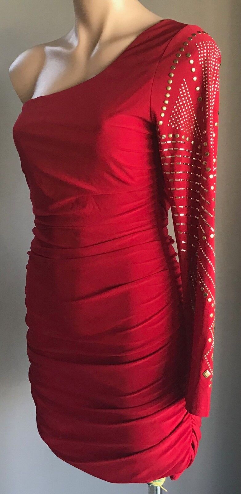 LIPSTICK Bodycon Dress Red Stretch One Shoulder Long Sleeve Ruche Size L 12
