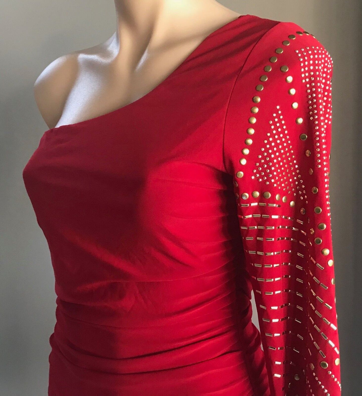 LIPSTICK Bodycon Dress Red Stretch One Shoulder Long Sleeve Ruche Size L 12
