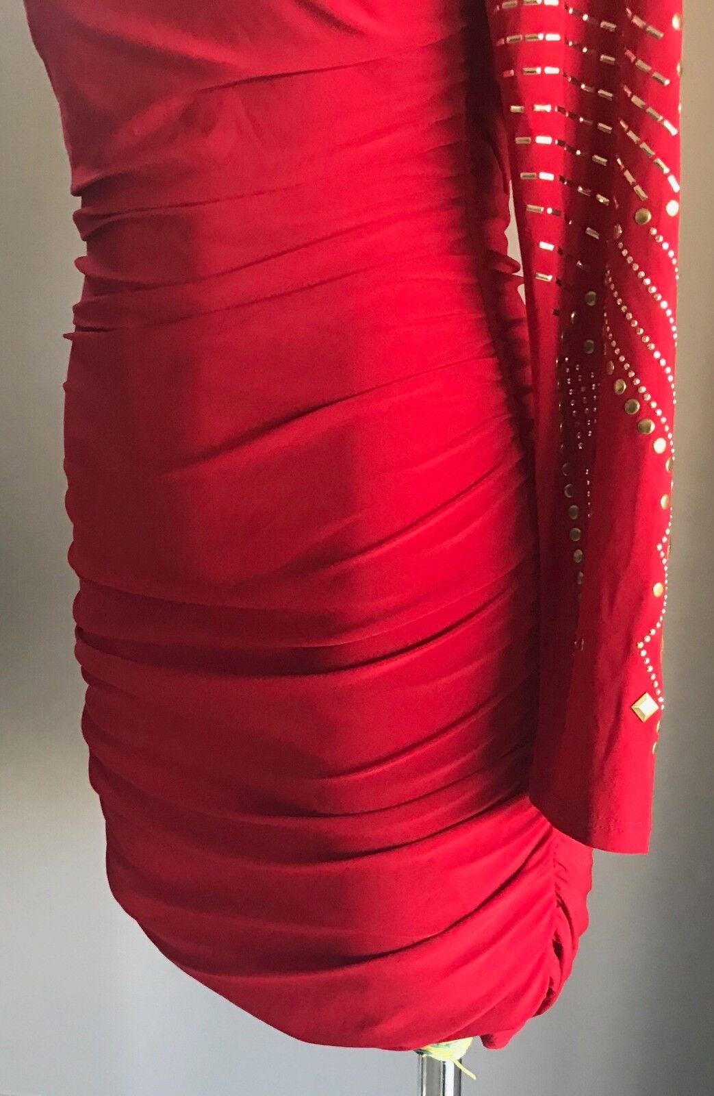 LIPSTICK Bodycon Dress Red Stretch One Shoulder Long Sleeve Ruche Size L 12
