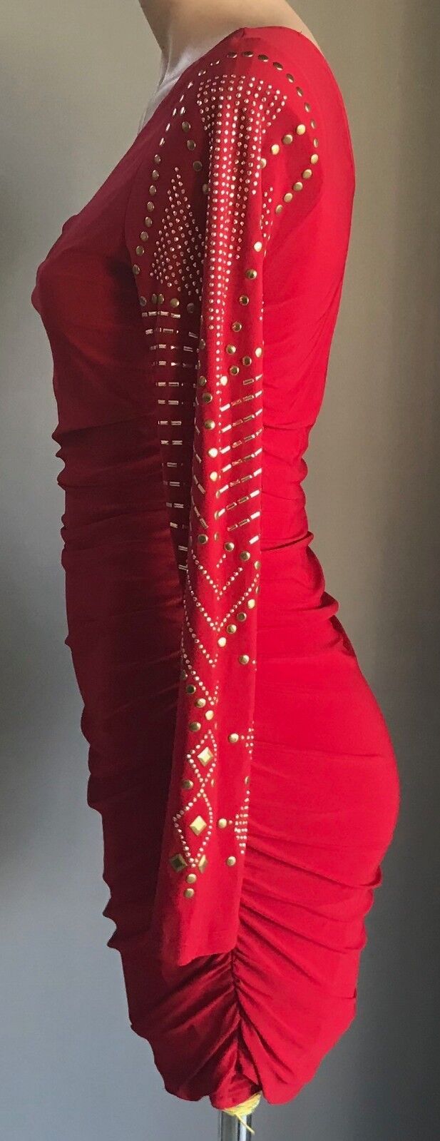 LIPSTICK Bodycon Dress Red Stretch One Shoulder Long Sleeve Ruche Size L 12