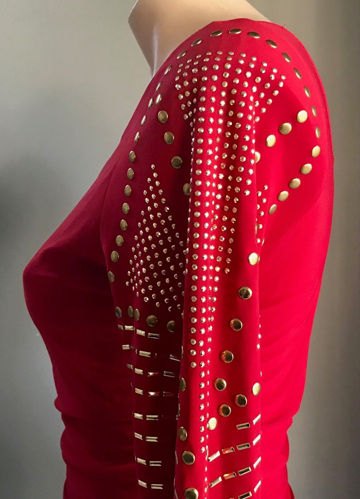 LIPSTICK Bodycon Dress Red Stretch One Shoulder Long Sleeve Ruche Size L 12