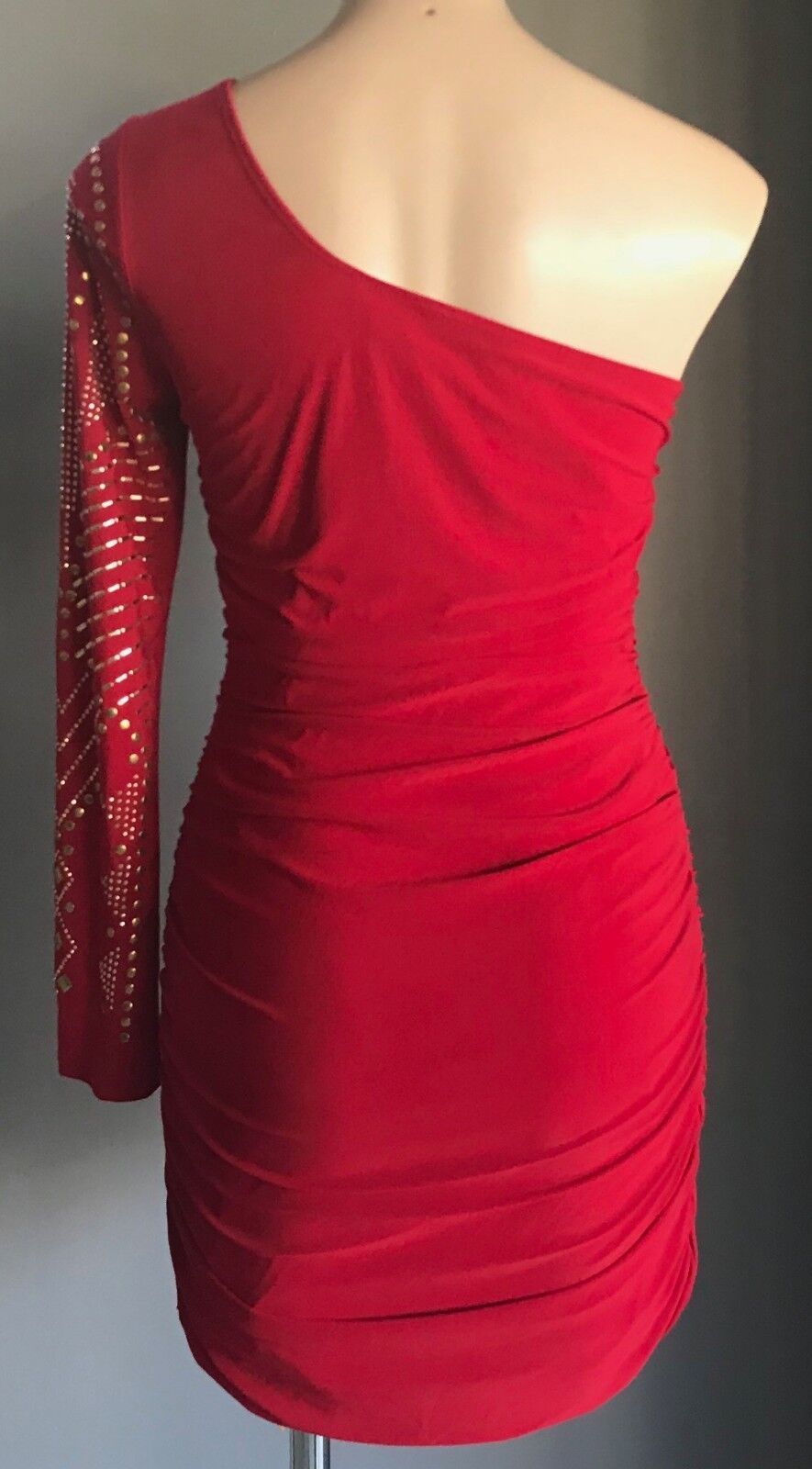 LIPSTICK Bodycon Dress Red Stretch One Shoulder Long Sleeve Ruche Size L 12