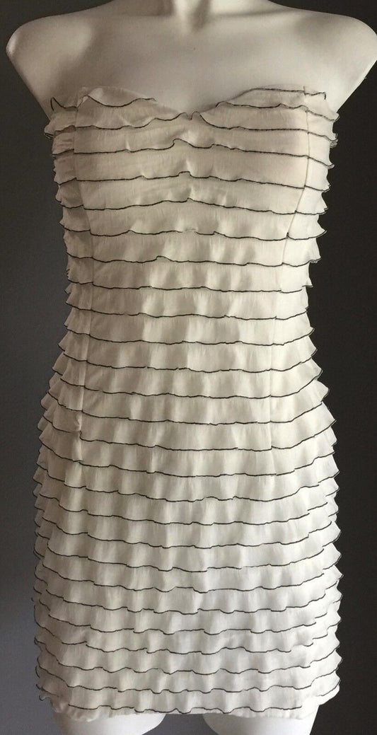 MYSTIC Strapless Dress Mini Stretch Tier Frill Party White & Black Size 8