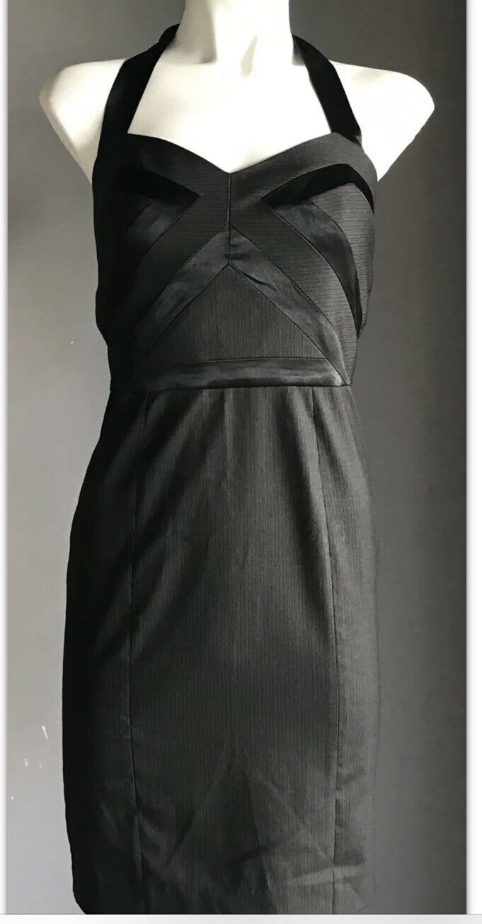 BEBE Bodycon Dress Black Grey Pinstripe Halter Neck Tie Elegant Size 2 AU 8 NEW