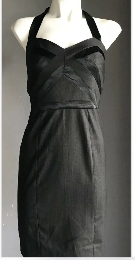 BEBE Bodycon Dress Black Grey Pinstripe Halter Neck Tie Elegant Size 2 AU 8 NEW