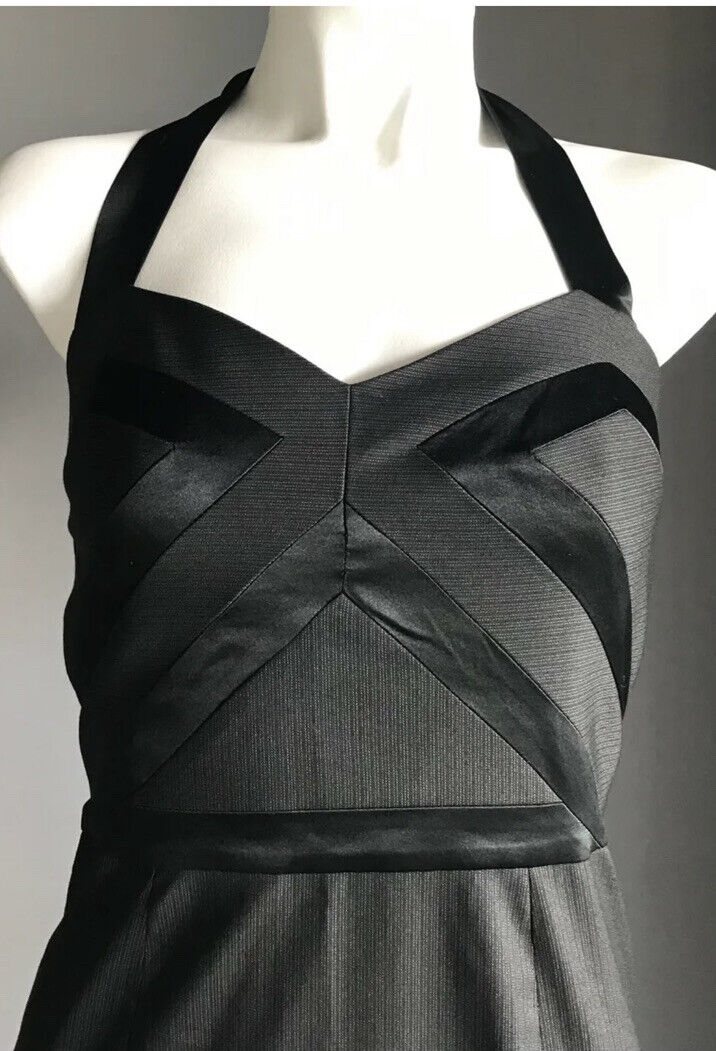 BEBE Bodycon Dress Black Grey Pinstripe Halter Neck Tie Elegant Size 2 AU 8 NEW