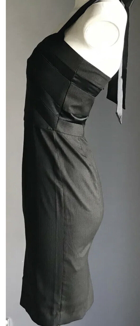 BEBE Bodycon Dress Black Grey Pinstripe Halter Neck Tie Elegant Size 2 AU 8 NEW