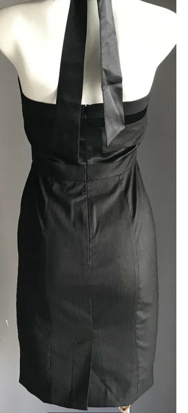 BEBE Bodycon Dress Black Grey Pinstripe Halter Neck Tie Elegant Size 2 AU 8 NEW