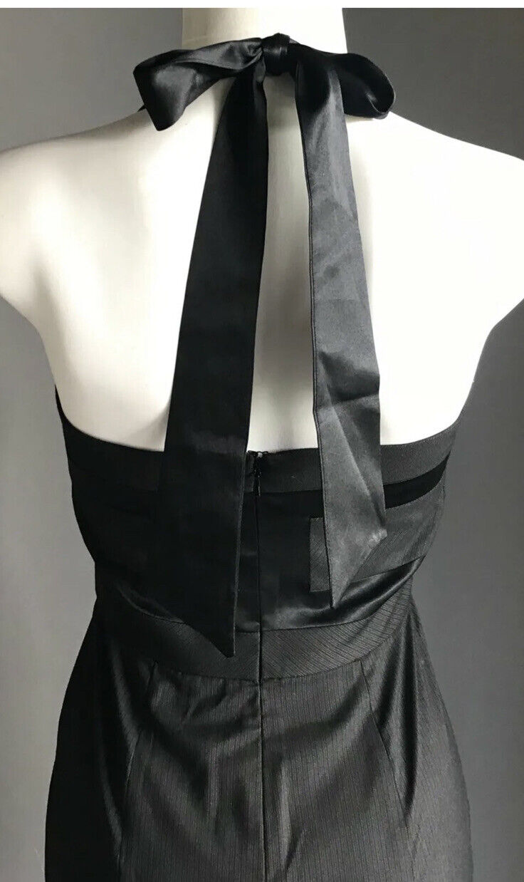 BEBE Bodycon Dress Black Grey Pinstripe Halter Neck Tie Elegant Size 2 AU 8 NEW