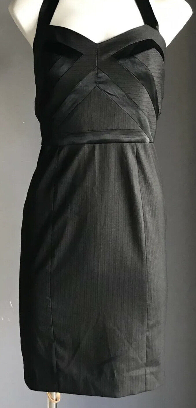 BEBE Bodycon Dress Black Grey Pinstripe Halter Neck Tie Elegant Size 2 AU 8 NEW