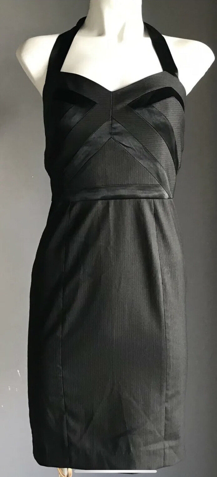 BEBE Bodycon Dress Black Grey Pinstripe Halter Neck Tie Elegant Size 2 AU 8 NEW