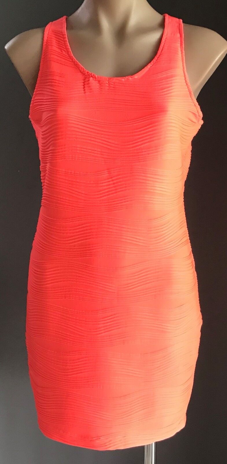 VALLEYGIRL Bodycon Dress Neon Coral Red Sleeveless Textured Fabric Sz L 12 Retro