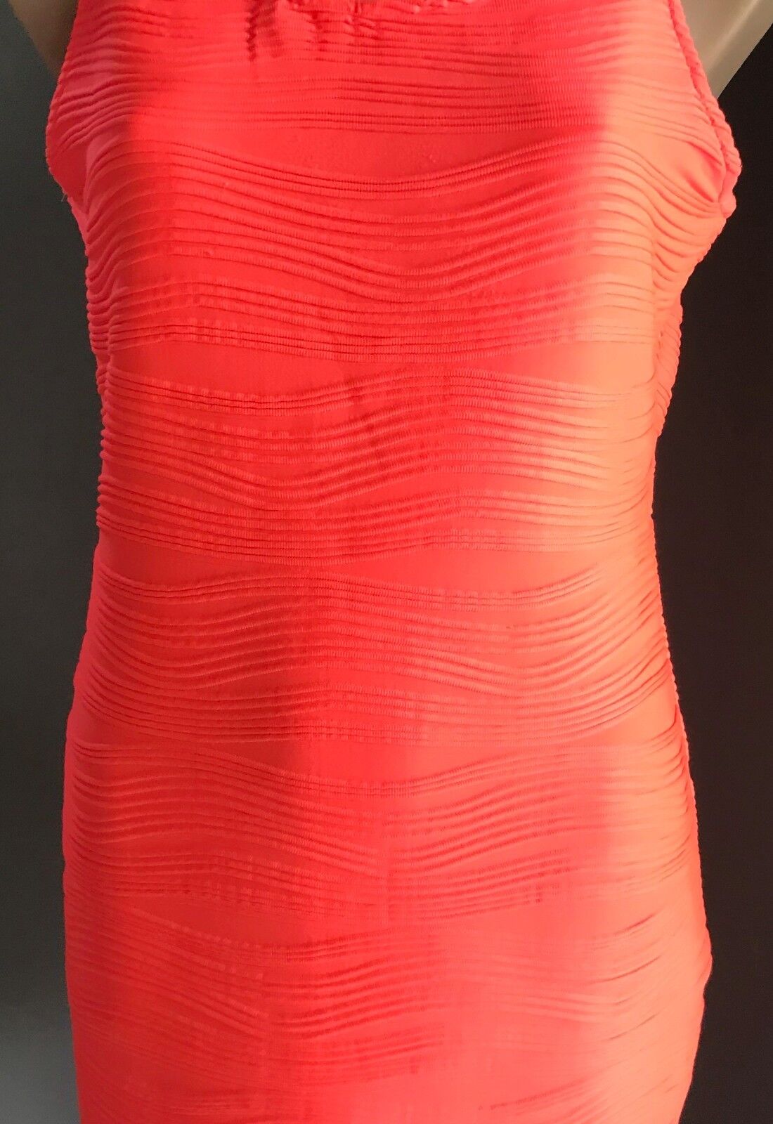 VALLEYGIRL Bodycon Dress Neon Coral Red Sleeveless Textured Fabric Sz L 12 Retro