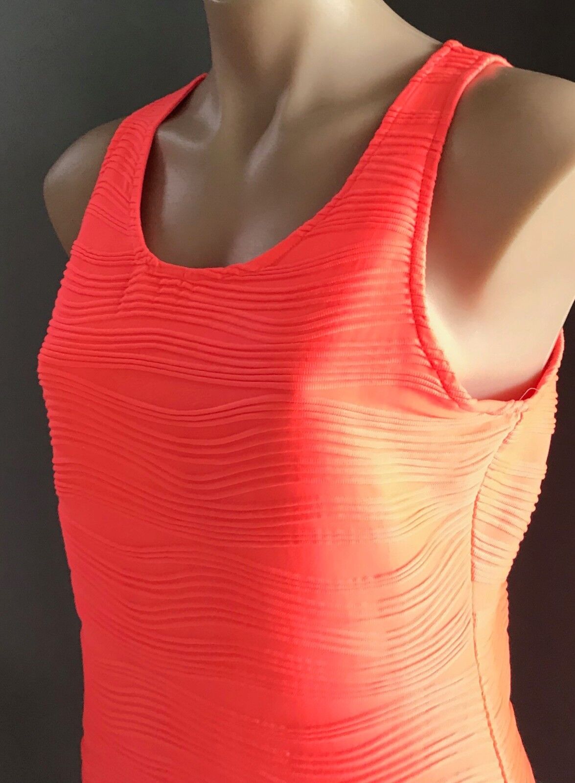 VALLEYGIRL Bodycon Dress Neon Coral Red Sleeveless Textured Fabric Sz L 12 Retro