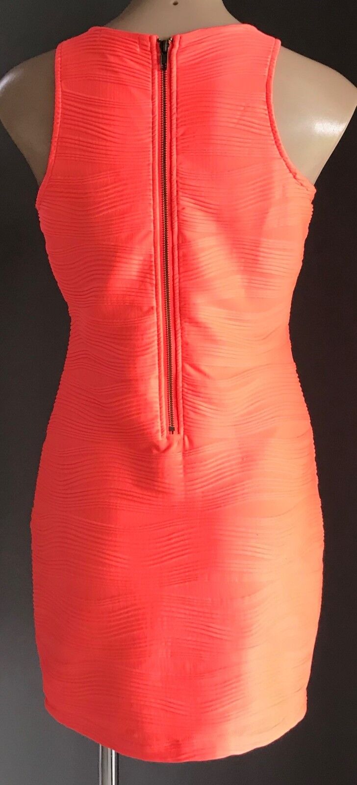 VALLEYGIRL Bodycon Dress Neon Coral Red Sleeveless Textured Fabric Sz L 12 Retro