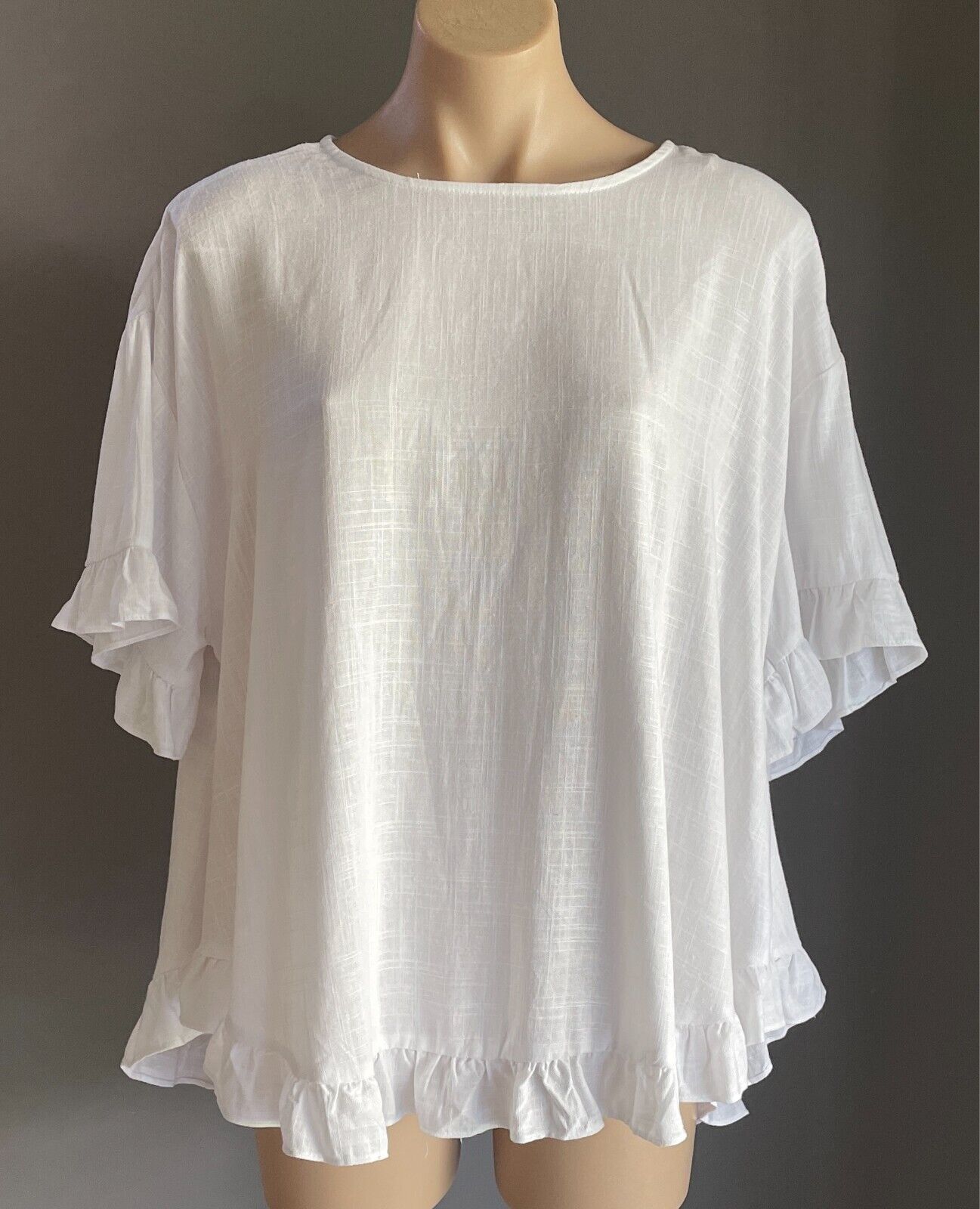 ANKO Top White Linen Blend Blouse Short Sleeves W Frill  & Hem Size 12 NWT
