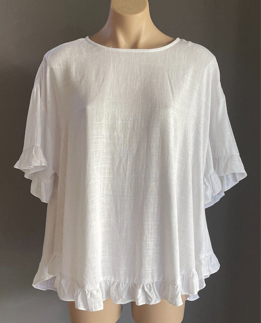 ANKO Top White Linen Blend Blouse Short Sleeves W Frill  & Hem Size 12 NWT