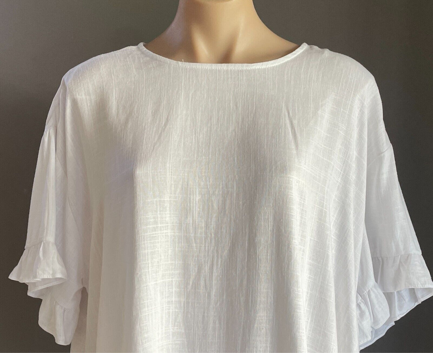 ANKO Top White Linen Blend Blouse Short Sleeves W Frill  & Hem Size 12 NWT