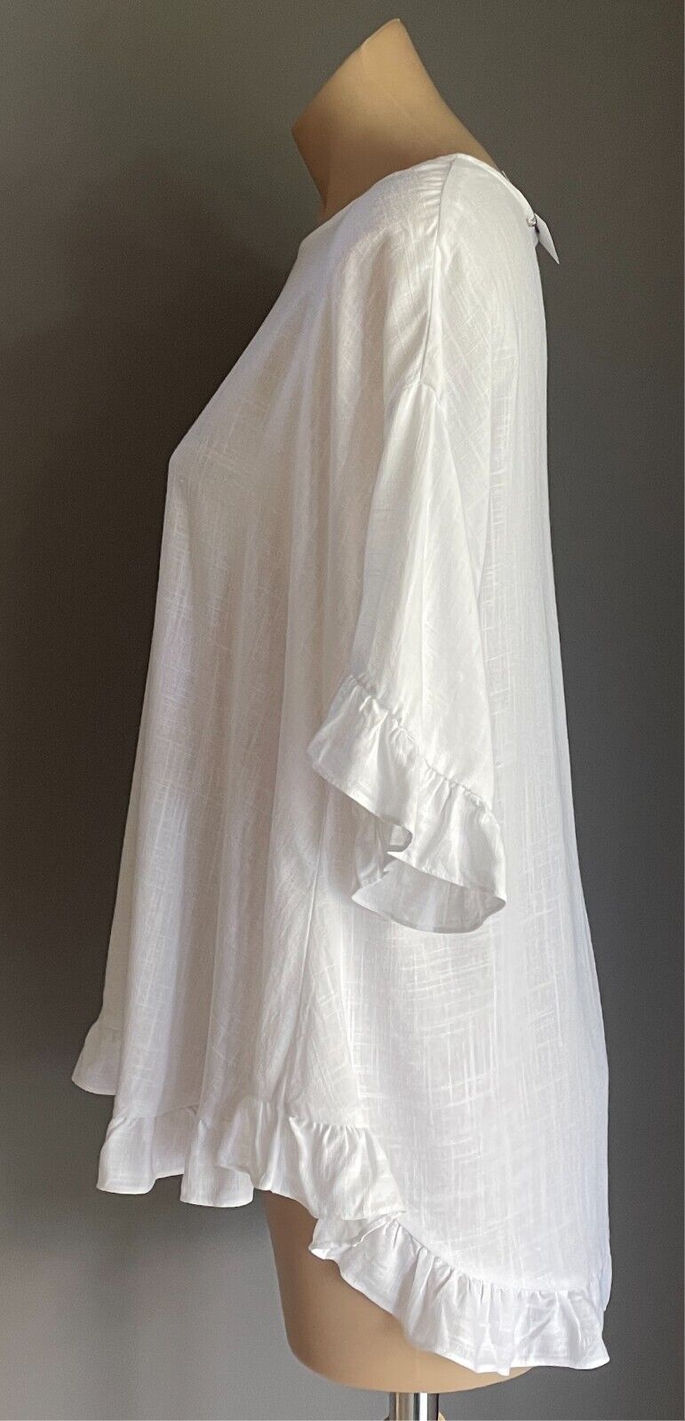 ANKO Top White Linen Blend Blouse Short Sleeves W Frill  & Hem Size 12 NWT