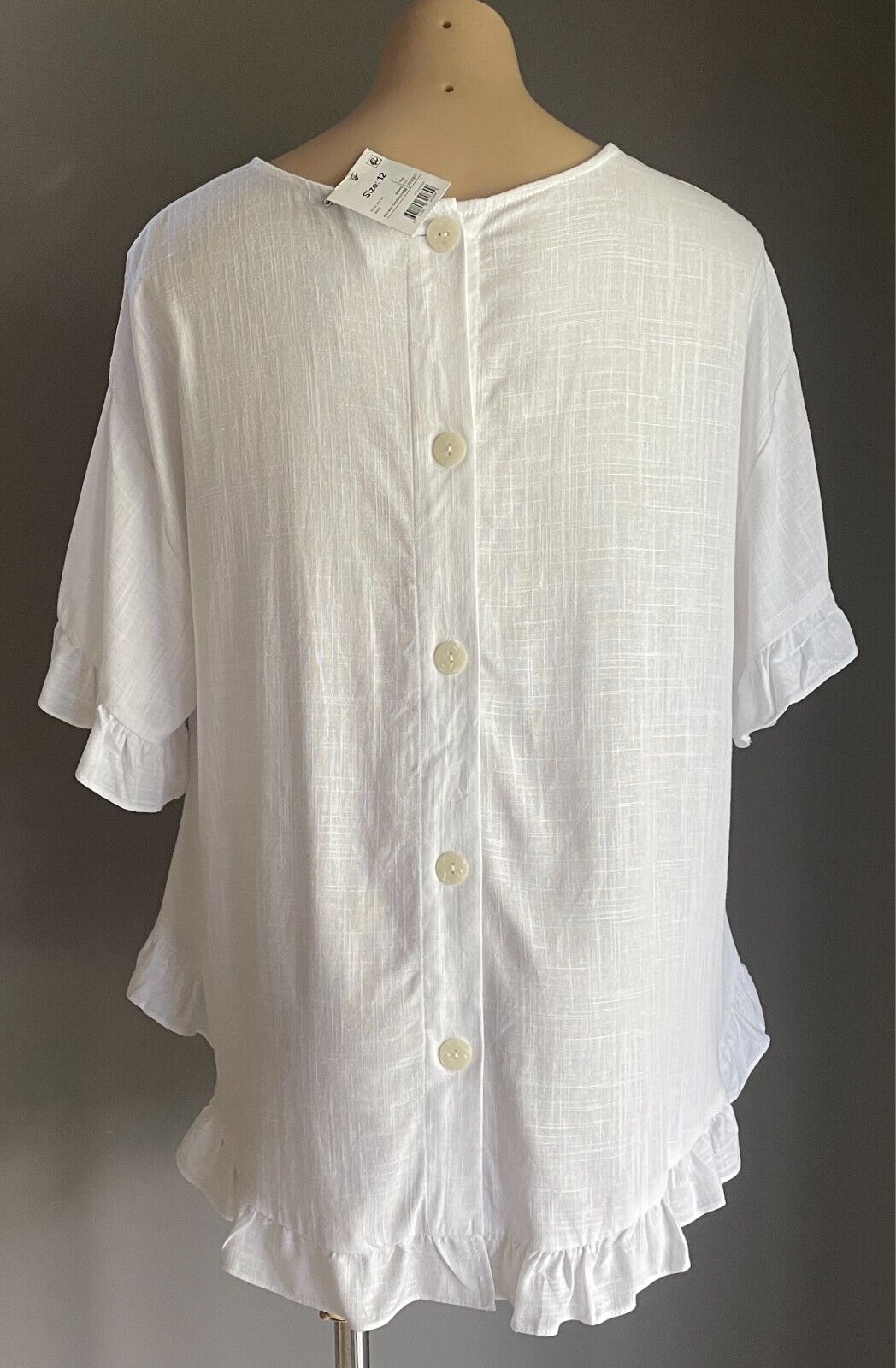 ANKO Top White Linen Blend Blouse Short Sleeves W Frill  & Hem Size 12 NWT