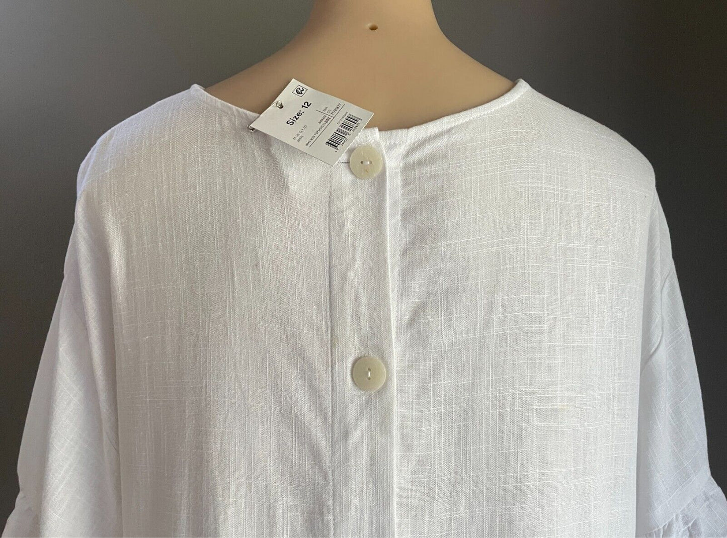 ANKO Top White Linen Blend Blouse Short Sleeves W Frill  & Hem Size 12 NWT