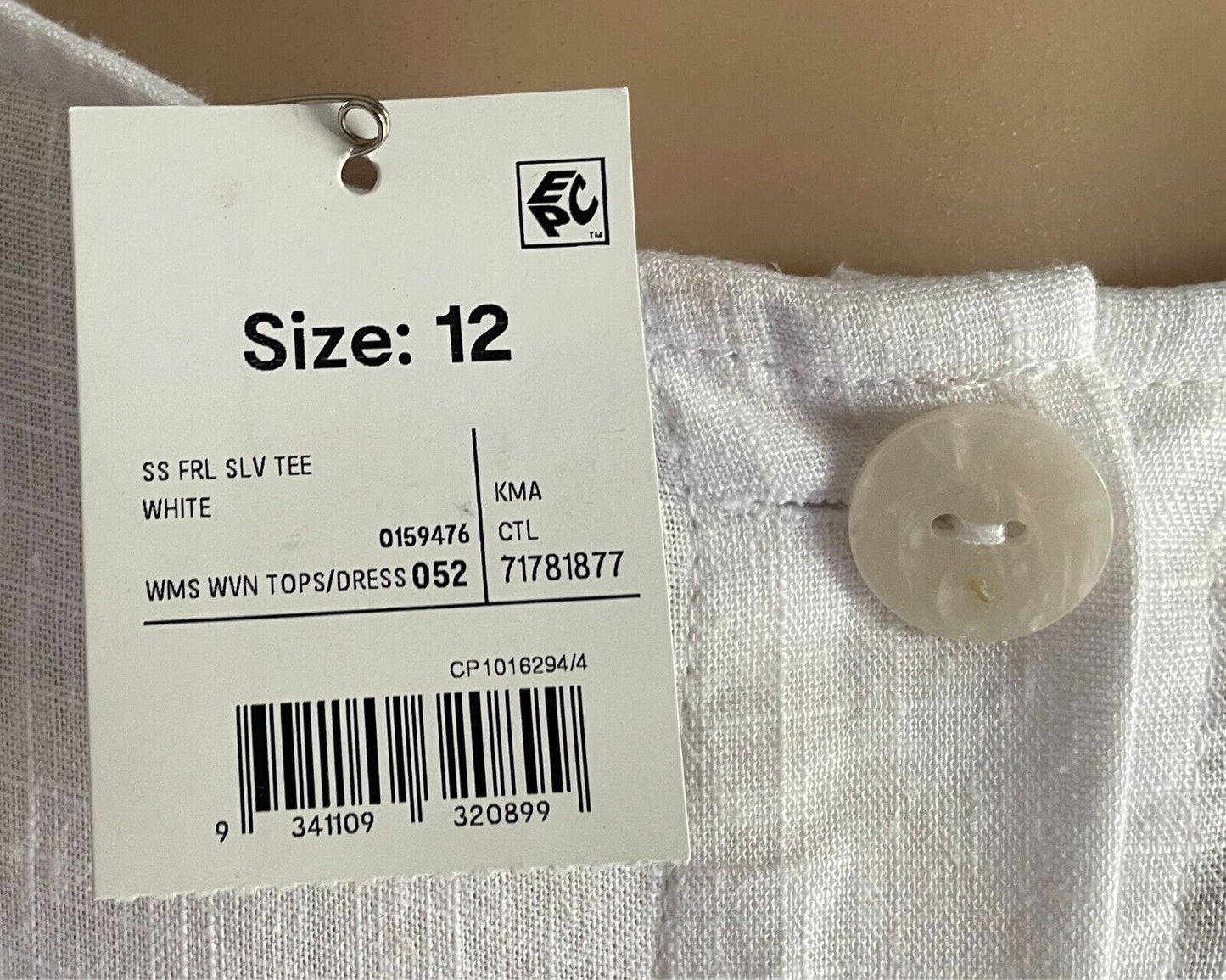 ANKO Top White Linen Blend Blouse Short Sleeves W Frill  & Hem Size 12 NWT