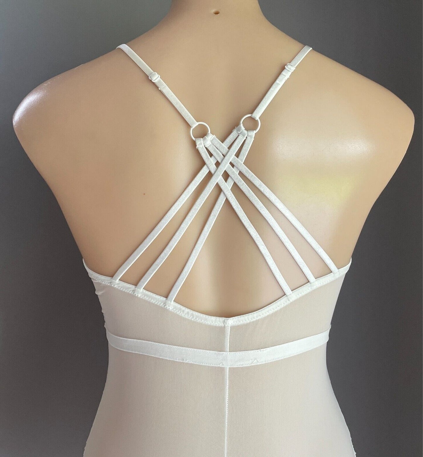 BRAS N THINGS White Lace  Trim Body Suit /Teddy Size 10 Strappy Back