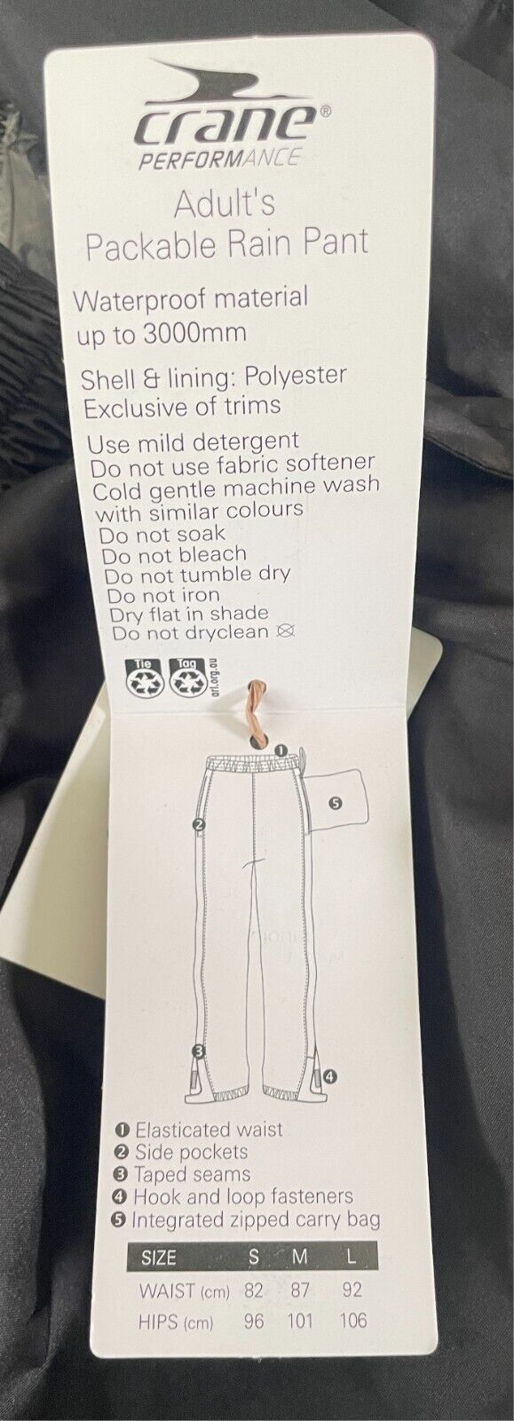 CRANE PERFORMANCE Black Unisex Packable Rain Pants Size S Elastic Waist & Cuffs
