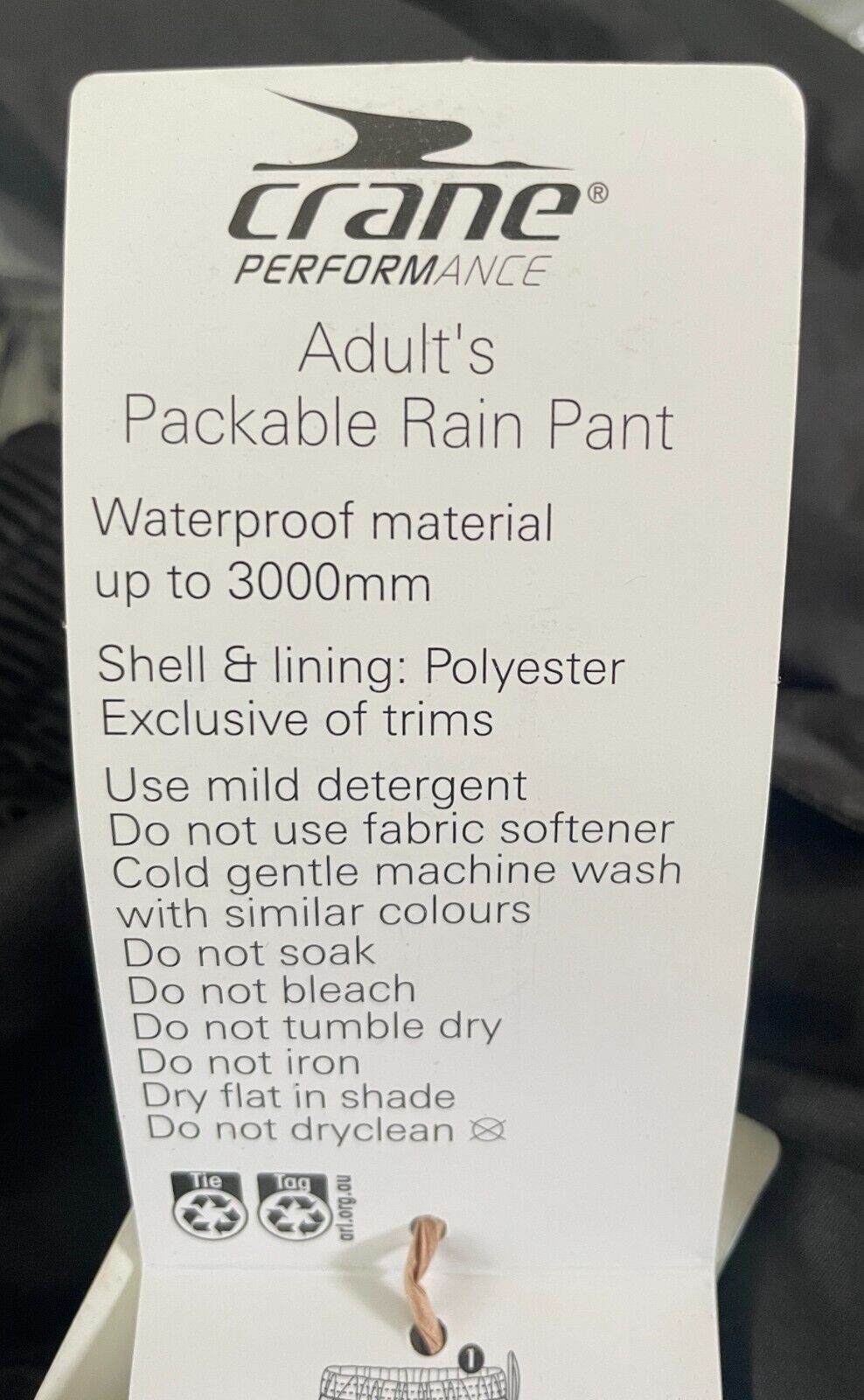 CRANE PERFORMANCE Black Unisex Packable Rain Pants Size S Elastic Waist & Cuffs