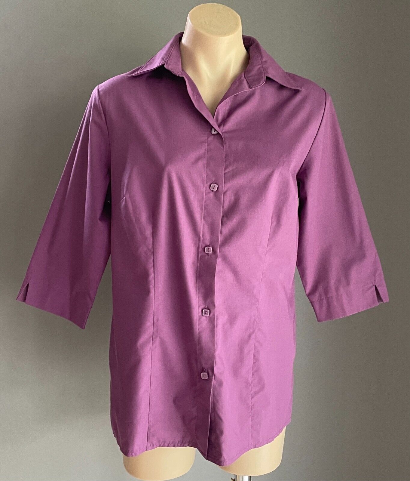EVE Purple Shirt Button Front 3/4 Sleeve Size 40 AU 12 Darts Polyester Cotton