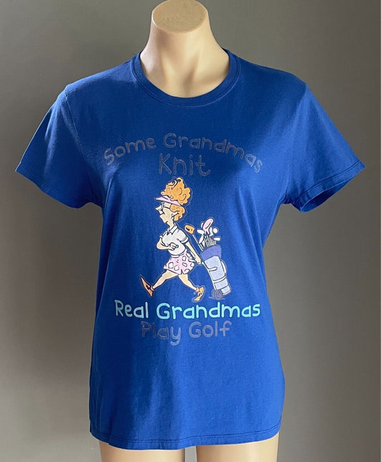 HANES T-Shirt Blue "Granma's Play Golf" Print Short Sleeves Size M Cotton Fabric