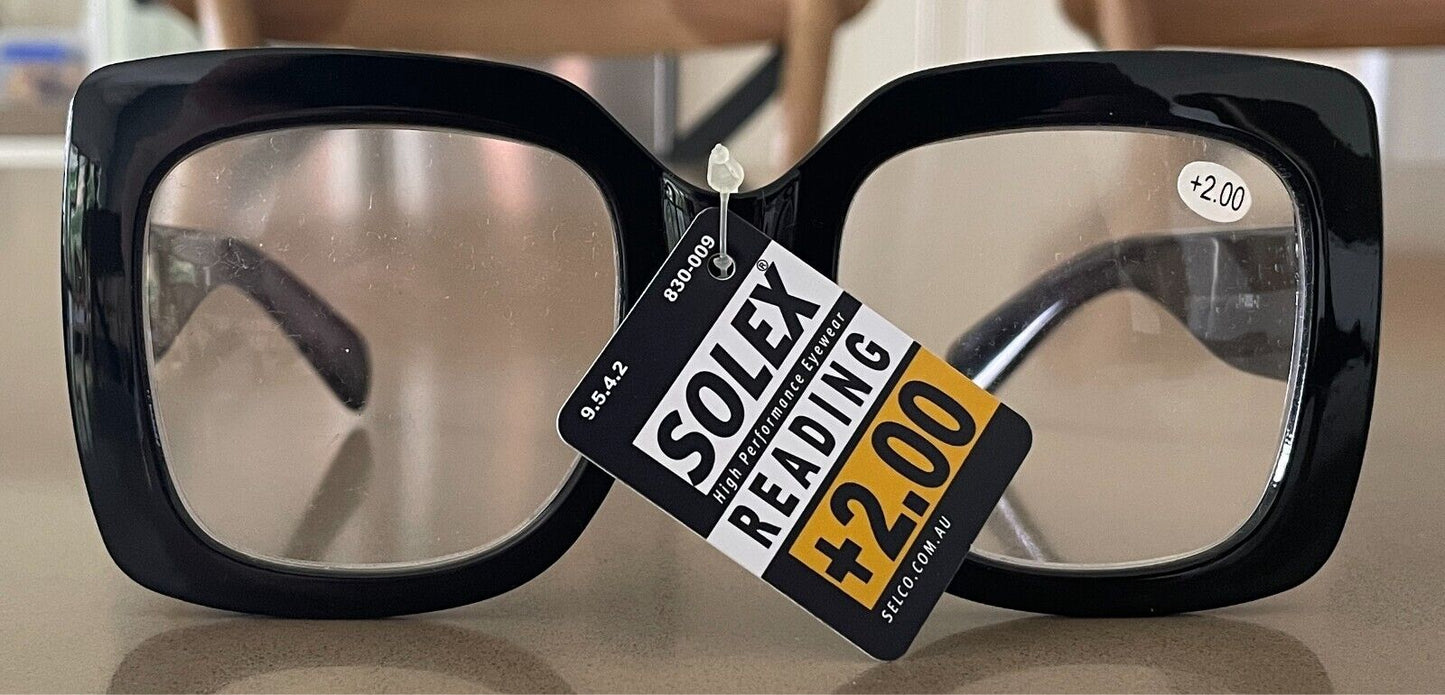 SOLEX Ready Made Readers Oversized Square Black Frame +2.00 Unisex Adults - NWT!
