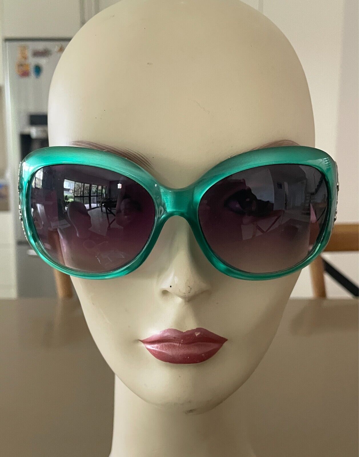 1990s Green Frame Sunglasses Plastic Grey Lens Oversized Style Decorative Arms