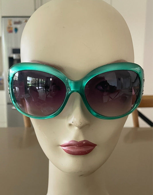 1990s Green Frame Sunglasses Plastic Grey Lens Oversized Style Decorative Arms