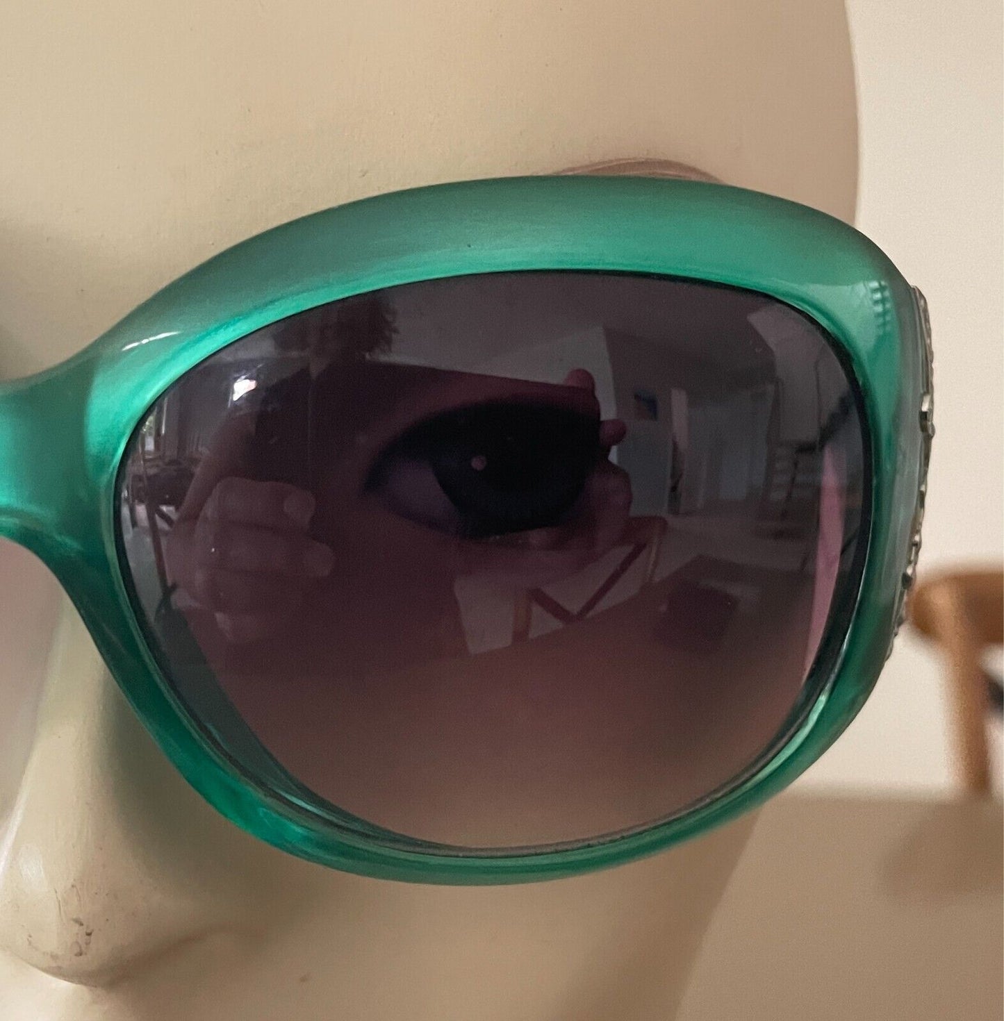 1990s Green Frame Sunglasses Plastic Grey Lens Oversized Style Decorative Arms