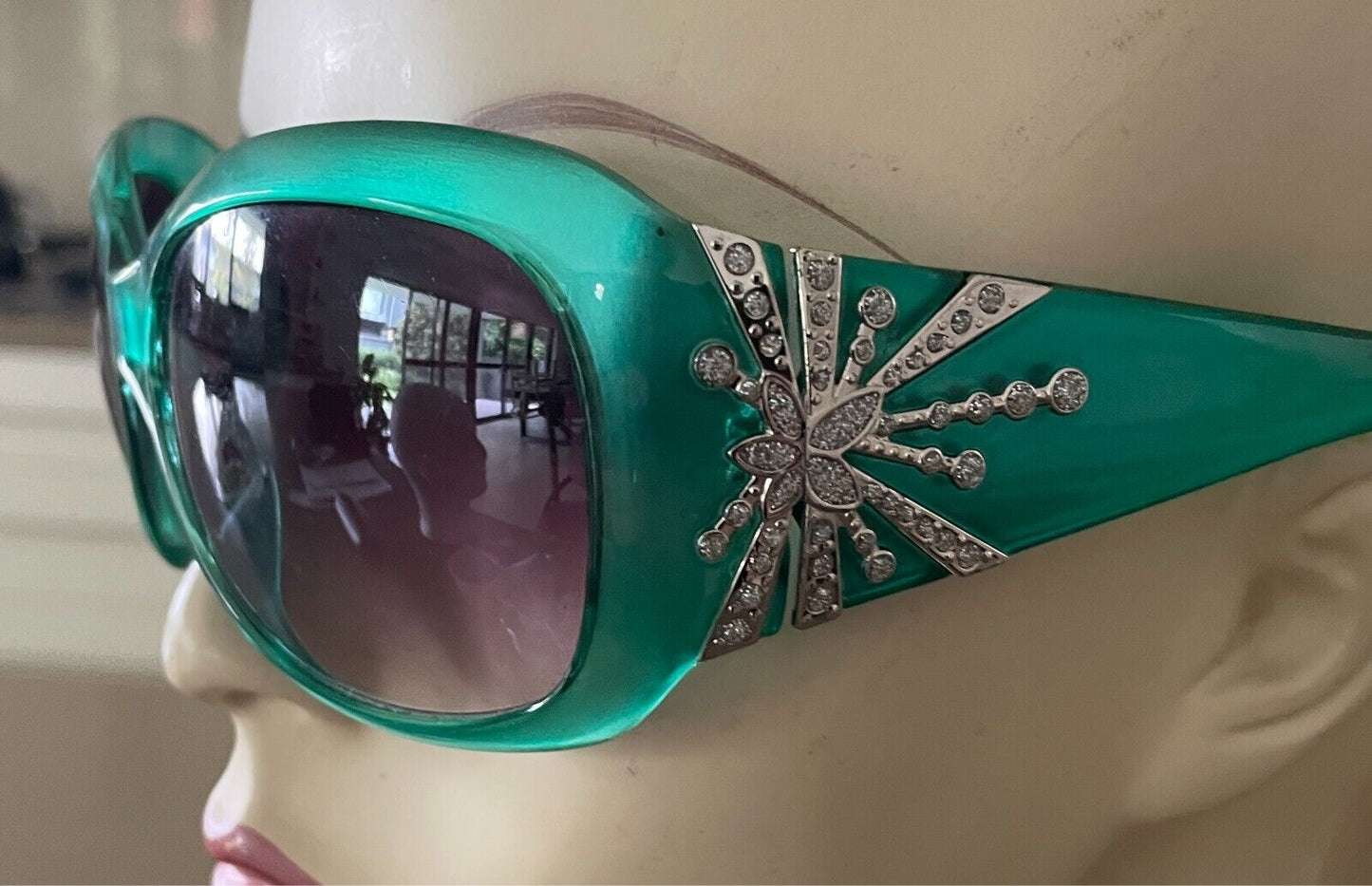 1990s Green Frame Sunglasses Plastic Grey Lens Oversized Style Decorative Arms