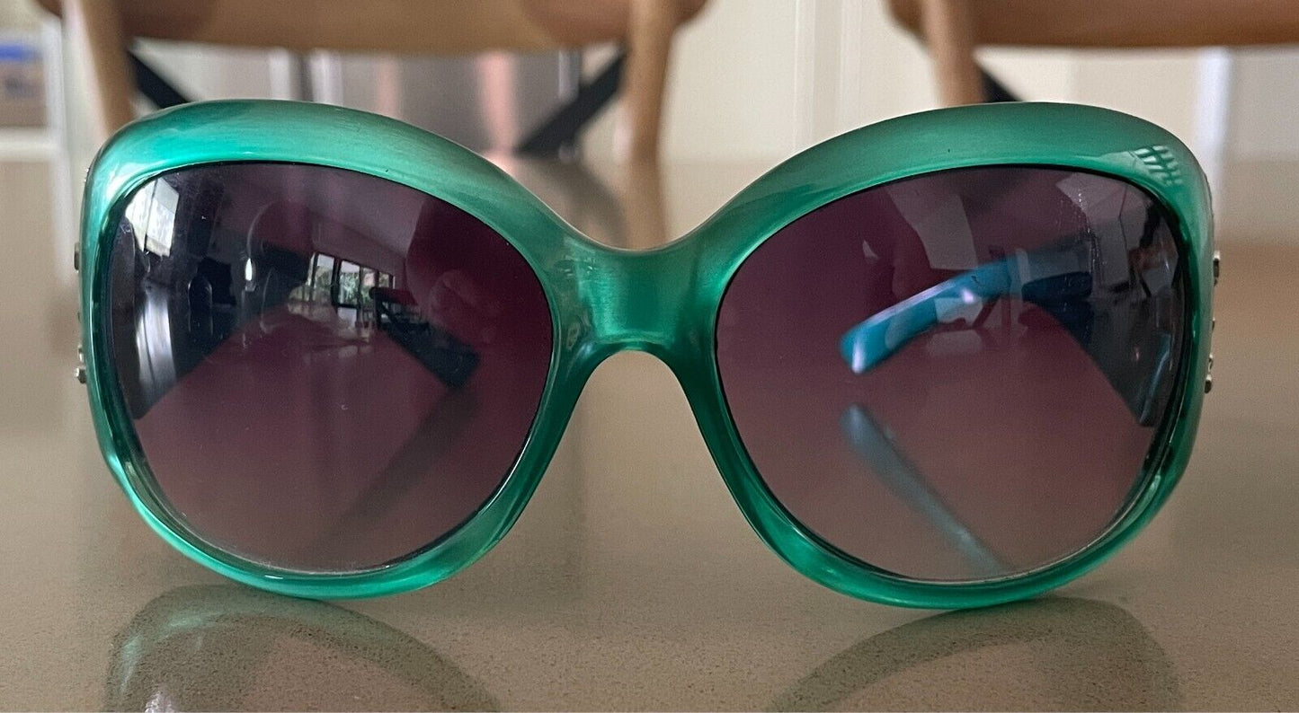 1990s Green Frame Sunglasses Plastic Grey Lens Oversized Style Decorative Arms