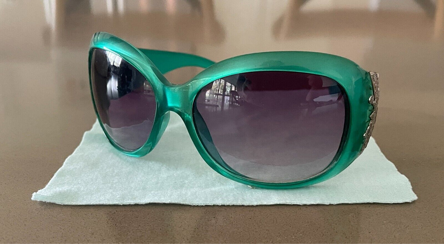 1990s Green Frame Sunglasses Plastic Grey Lens Oversized Style Decorative Arms