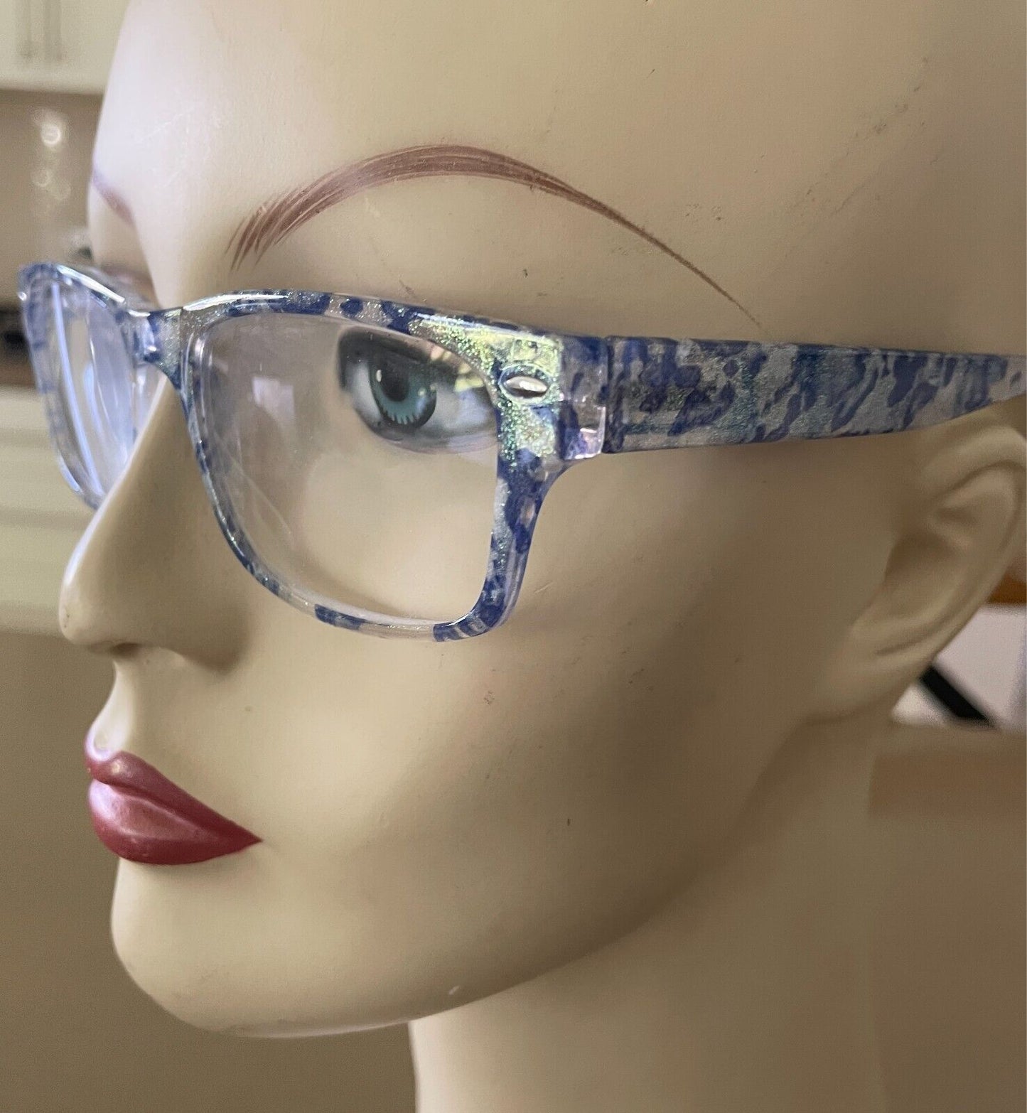 Glasses  Frames ONLY  Blue Gold & Clear Plastic - Add Your Own Lenses + Case