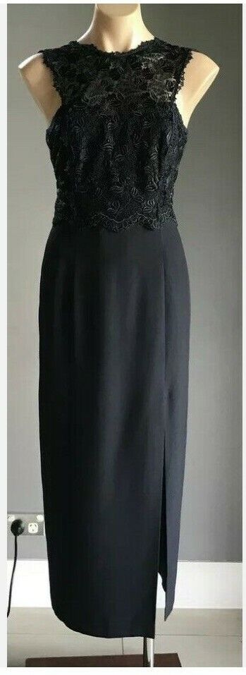 ANTHEA CRAWFORD Evening Dress Navy Blue Lace Bodice Side Slit Long Sz 12 Vintage