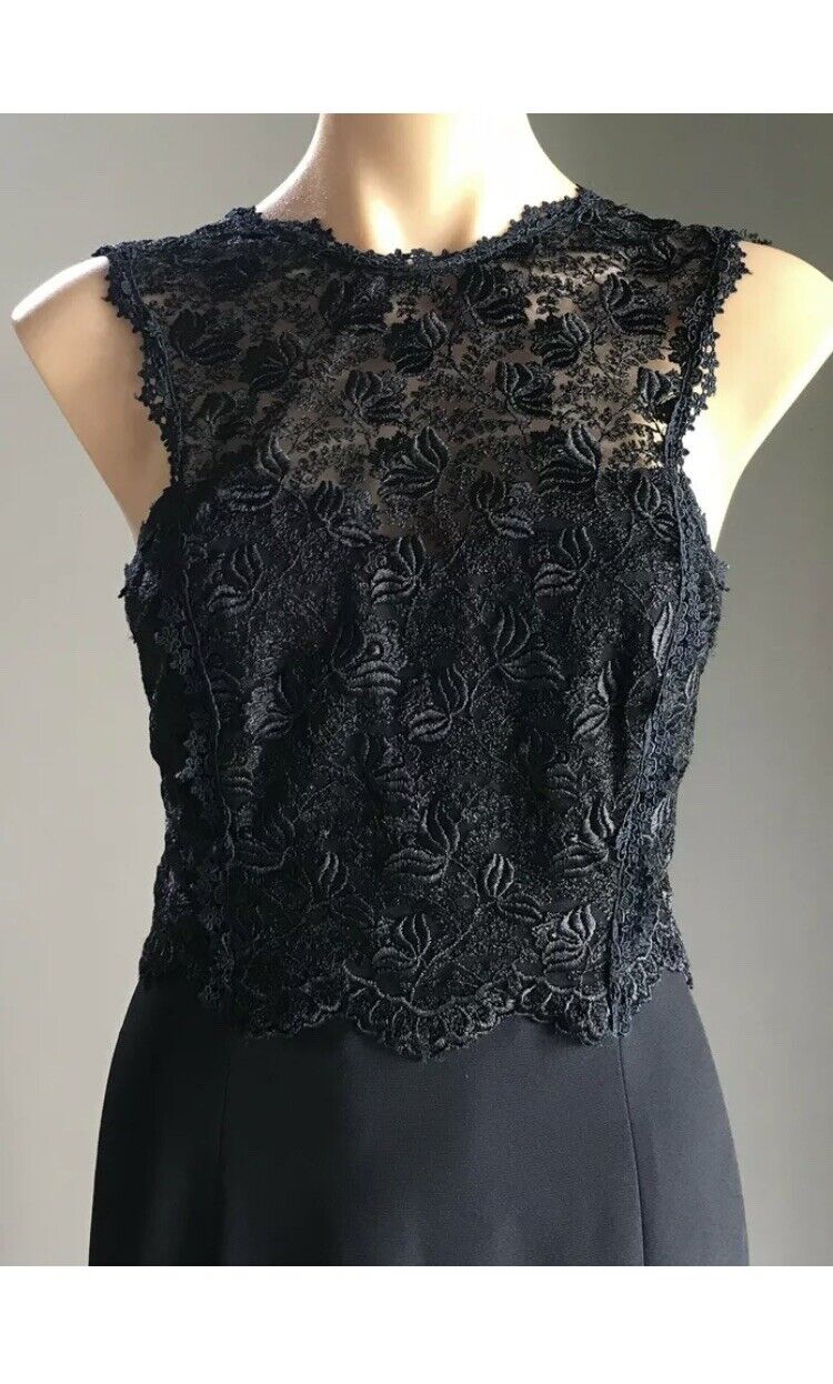 ANTHEA CRAWFORD Evening Dress Navy Blue Lace Bodice Side Slit Long Sz 12 Vintage