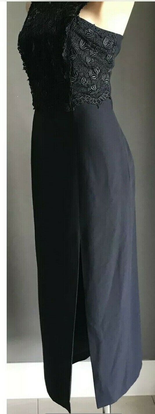 ANTHEA CRAWFORD Evening Dress Navy Blue Lace Bodice Side Slit Long Sz 12 Vintage