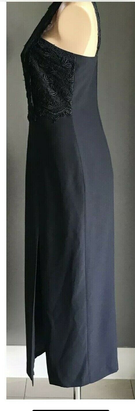 ANTHEA CRAWFORD Evening Dress Navy Blue Lace Bodice Side Slit Long Sz 12 Vintage