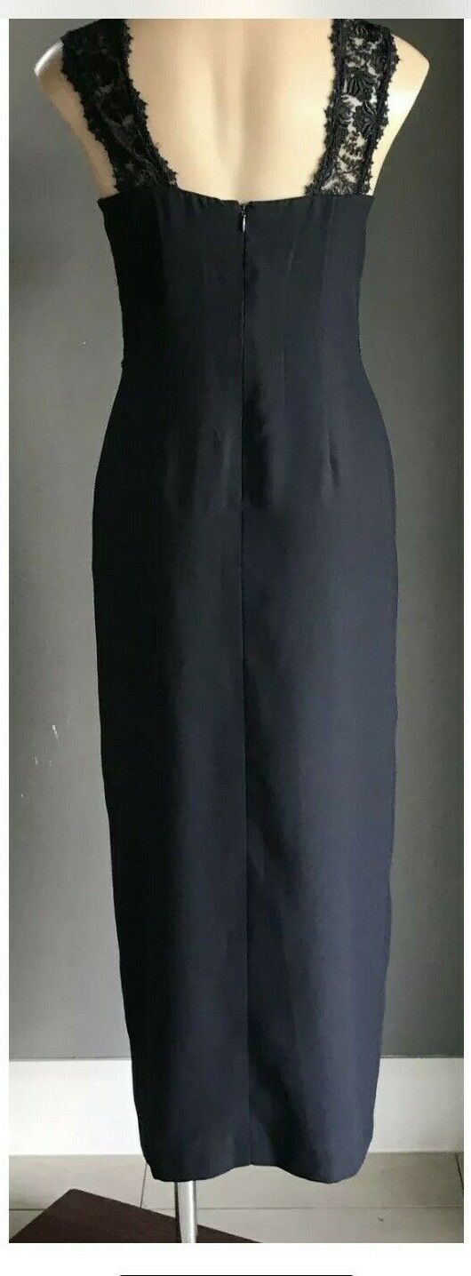 ANTHEA CRAWFORD Evening Dress Navy Blue Lace Bodice Side Slit Long Sz 12 Vintage