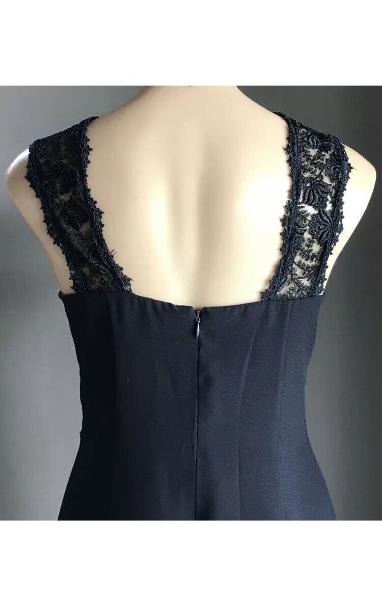 ANTHEA CRAWFORD Evening Dress Navy Blue Lace Bodice Side Slit Long Sz 12 Vintage
